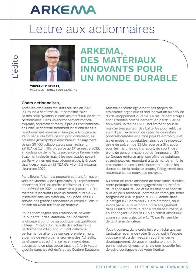 Lettre aux actionnaires Arkema Global